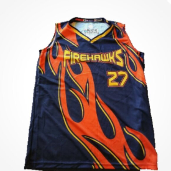 FIREHAWKS SIMS #27 BASKETBALL JERSEY FLAMES PROTOTYPE PREOWNED BLUE ORANGE - Picture 3 of 9